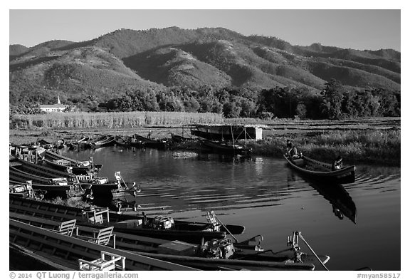 Canal, fields, and hills, Maing Thauk Village. Inle Lake, Myanmar (black and white)