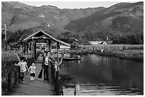 Pier and hills, Maing Thauk Village. Inle Lake, Myanmar ( black and white)