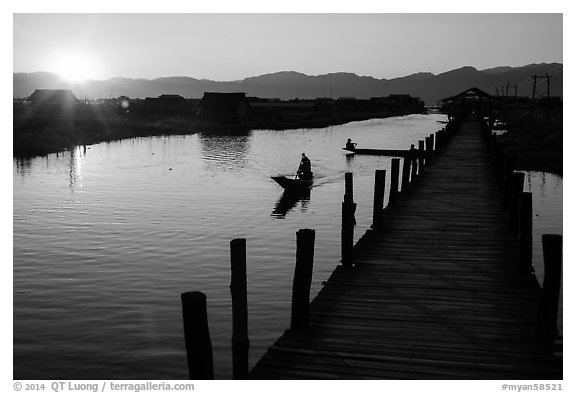 Canal at sunset, Maing Thauk Village. Inle Lake, Myanmar (black and white)