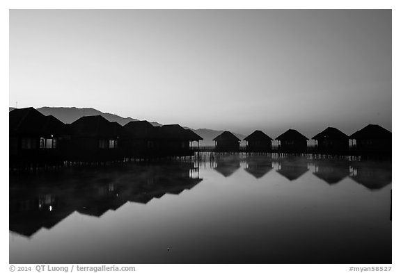 Resort cottages at dawn. Inle Lake, Myanmar (black and white)