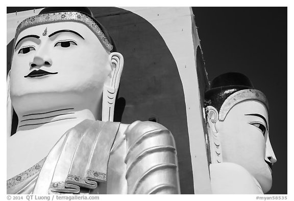 Detail of two of the four seated buddhas in  Kyaik Pun Paya. Bago, Myanmar (black and white)