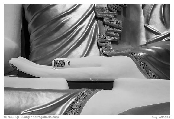 Detail of hand, of one of the four seated buddhas in  Kyaik Pun Paya. Bago, Myanmar (black and white)