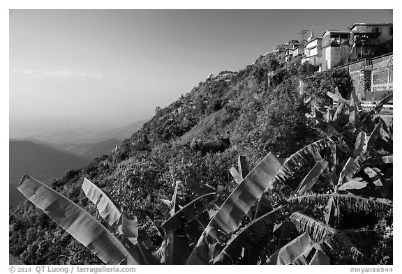 Kelasa Hilltop with golden rock in the distance. Kyaiktiyo, Myanmar (black and white)