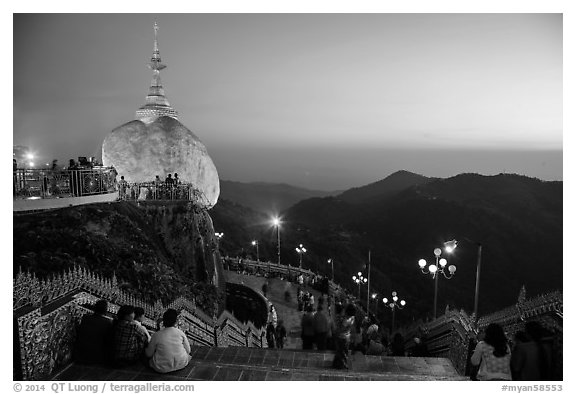 Platforms around the Golden Rock at sunset. Kyaiktiyo, Myanmar (black and white)