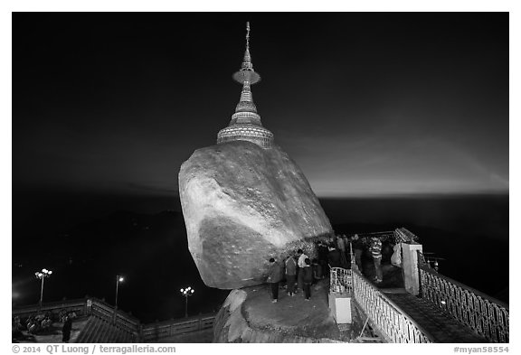 Bridge to the Golden rock with last light on horizon. Kyaiktiyo, Myanmar (black and white)