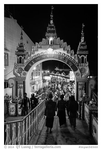 Entrance to Potemkin village of restaurants and souvenir shops. Kyaiktiyo, Myanmar (black and white)