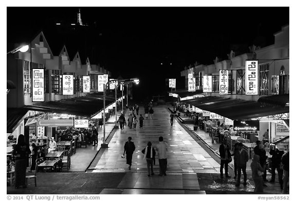 Restaurants at night, Potemkin village. Kyaiktiyo, Myanmar (black and white)