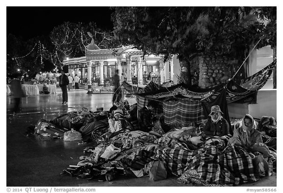 Pilgrims camp on the plaza. Kyaiktiyo, Myanmar (black and white)
