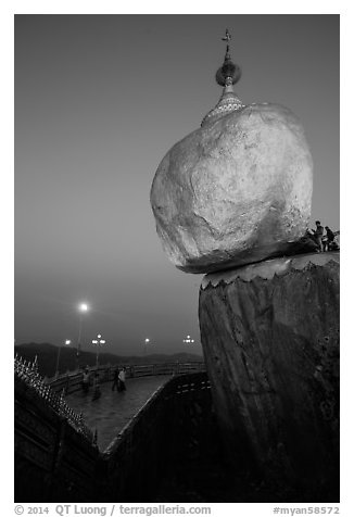 Golden Rock and lower platform at dawn. Kyaiktiyo, Myanmar (black and white)