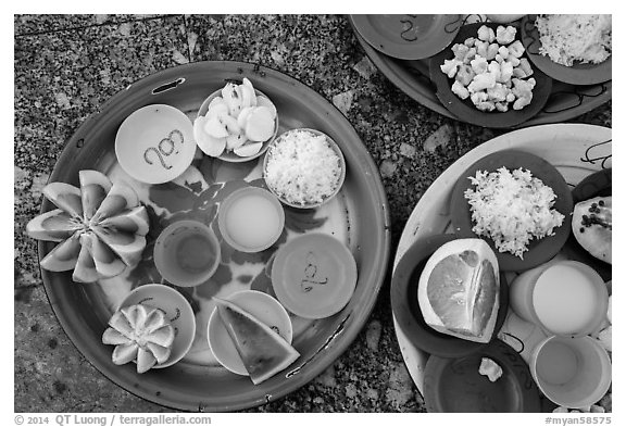 Close-up of food offerings. Kyaiktiyo, Myanmar (black and white)