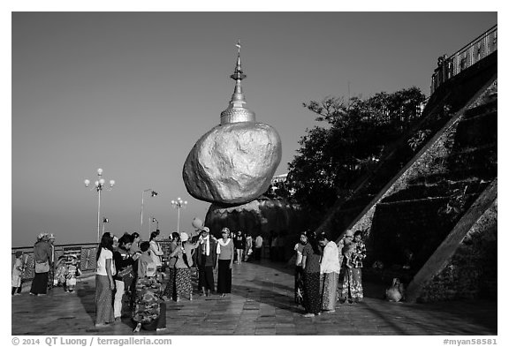 Pilgrims on platform below Golden Rock. Kyaiktiyo, Myanmar (black and white)