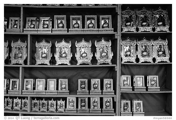 Golden Rock souvenirs for sale. Kyaiktiyo, Myanmar (black and white)