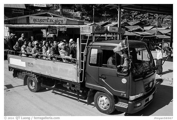 Truck carrying pilgrims to the top of Kelasa Hill. Kyaiktiyo, Myanmar (black and white)