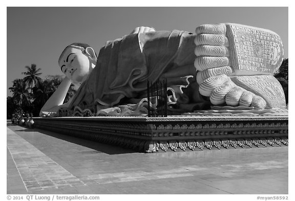 Mya Tha Lyaung Reclining Buddha. Bago, Myanmar (black and white)