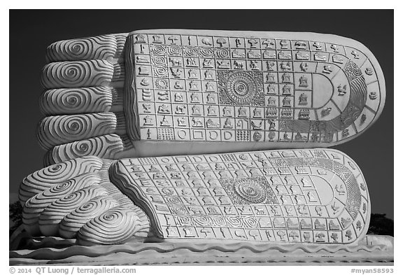 Feet of Mya Tha Lyaung Reclining Buddha. Bago, Myanmar (black and white)