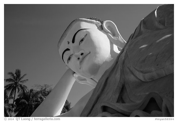Head of Mya Tha Lyaung Reclining Buddha. Bago, Myanmar (black and white)