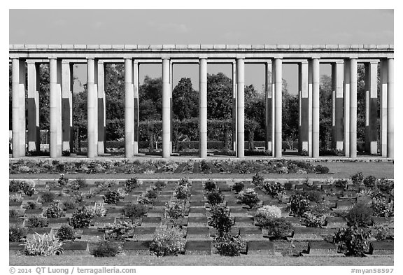 Graves and columnade, Taukkyan War Cemetery. Bago, Myanmar (black and white)