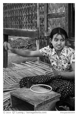 Woman making a lacquer bowl,  Mingun village. Bagan, Myanmar (black and white)