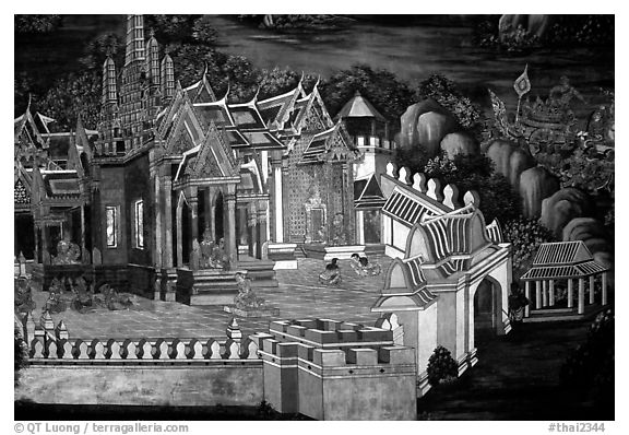 Mural painting showing the Grand Palace. Bangkok, Thailand (black and white)