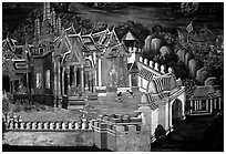 Mural painting showing the Grand Palace. Bangkok, Thailand (black and white)