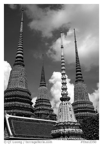 Ratanakosin style Chedis and roof, Wat Pho. Bangkok, Thailand (black and white)