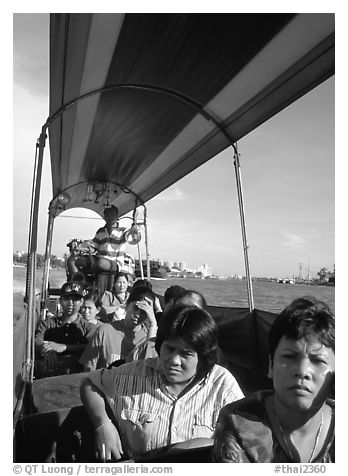 Aboard long tail taxi boat on Chao Phraya river. Bangkok, Thailand (black and white)