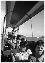 Aboard long tail taxi boat on Chao Phraya river. Bangkok, Thailand ( black and white)