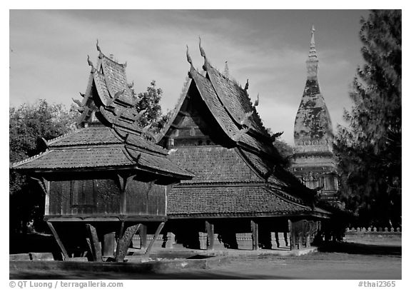 Thai rural temple architecture in northern style. Muang Boran, Thailand (black and white)