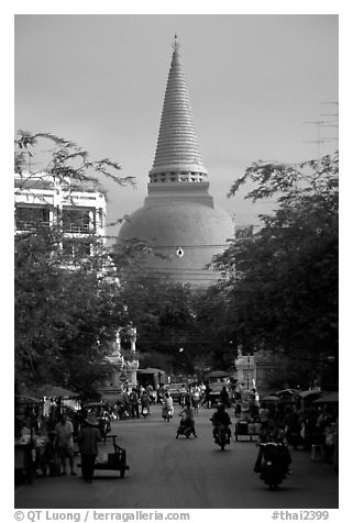 Phra Pathom Chedi  dominating the town skyline. Nakhon Pathom, Thailand (black and white)