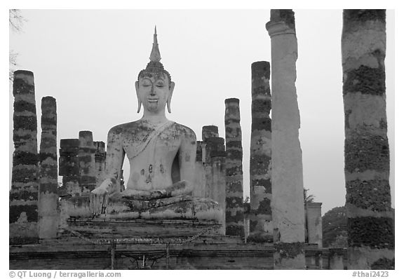 Wat Mahathat, the most important complex of Sukhothai, dusk. Sukothai, Thailand (black and white)