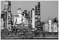 Columns and Buddha statue, Wat Mahathat. Sukothai, Thailand (black and white)