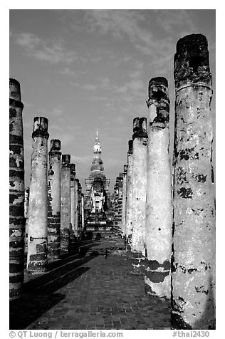 Ruined columns. Sukothai, Thailand (black and white)