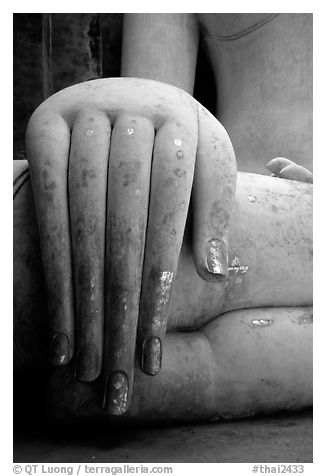 Hand of monumental Buddha image, Wat Si Chum. Sukothai, Thailand (black and white)