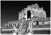 Ruined Wat Chedi Luang with elephants in the pediment. Chiang Mai, Thailand (black and white)