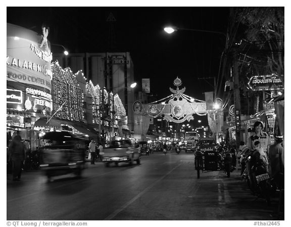 Night Bazaar, a legacy of the original Yunnanese trading caravans. Chiang Mai, Thailand (black and white)