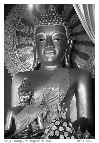 Buddha images of several sizes. Chiang Mai, Thailand (black and white)