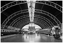 Train platforms inside Hualamphong station. Bangkok, Thailand ( black and white)