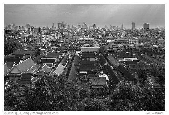 Temple complex and city skyline. Bangkok, Thailand (black and white)