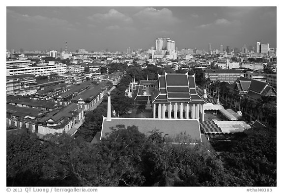 View of temples and city. Bangkok, Thailand (black and white)