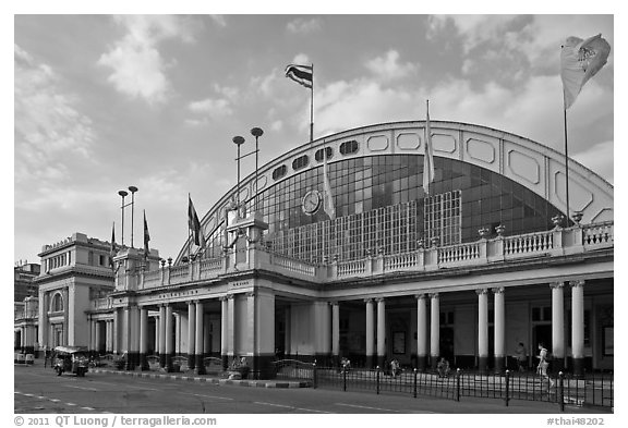 Facade of Hualamphong railroad station. Bangkok, Thailand (black and white)