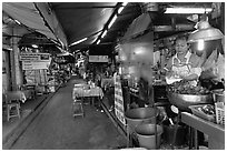 Food stall in alley. Bangkok, Thailand (black and white)