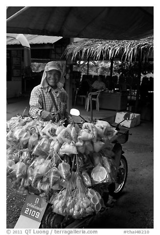 Food for sale on back of motorbike. Thailand (black and white)