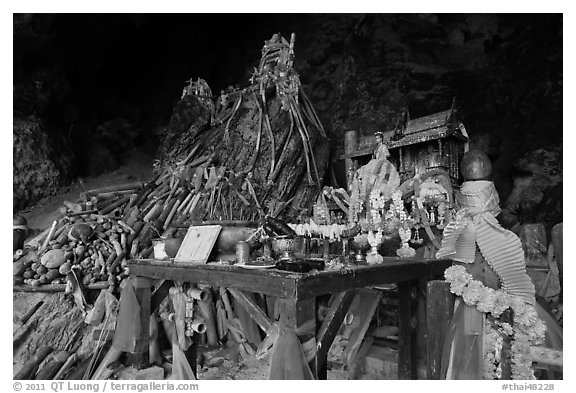 Pranang Cave shrine, Rai Leh. Krabi Province, Thailand (black and white)