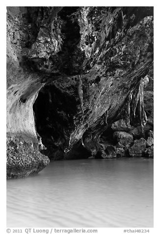Limestone overhang and turquoise waters, Rai Leh. Krabi Province, Thailand (black and white)