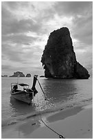 Boat and limestone islets, Rai Leh. Krabi Province, Thailand (black and white)