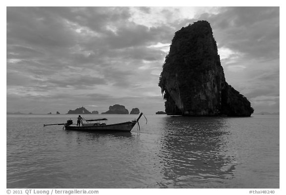 Boat and Happy Island, Railay. Krabi Province, Thailand (black and white)