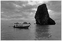 Boat and Happy Island, Railay. Krabi Province, Thailand (black and white)