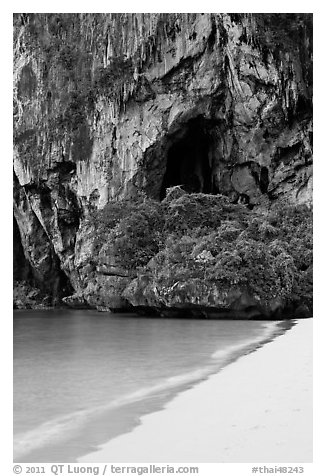 Beach, cliff and cave, Rail Leh. Krabi Province, Thailand (black and white)