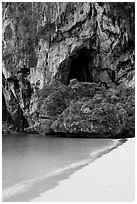 Beach, cliff and cave, Rail Leh. Krabi Province, Thailand (black and white)