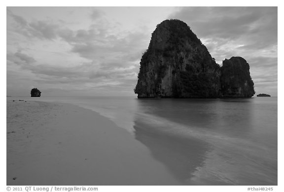 Happy Island reflected on beach, Railay. Krabi Province, Thailand (black and white)